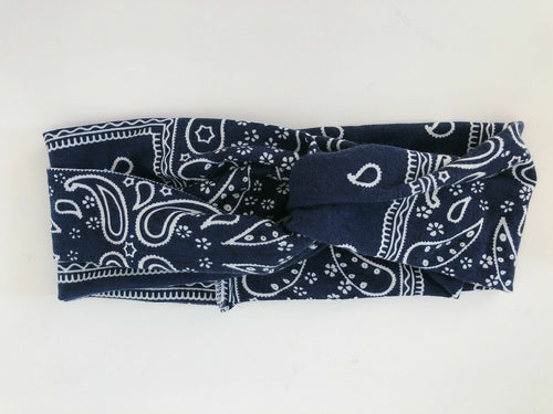 Women Girl Retro boho Hiphop Paisley Bandana Hair Band Cross Twisted Headband Navy blue