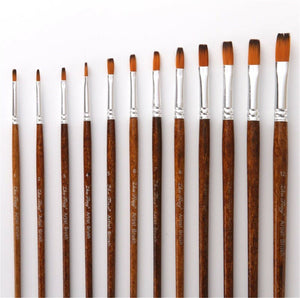 12PC Brown Handle Artist Brush Set - Watercolor, Acrylic, Oil Painting, and Craft