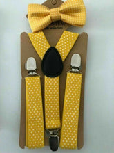 Children Party Costume Wedding Pants Dots Kids Suspender Brace Belt Clip Bowtie Yellow with White Dots