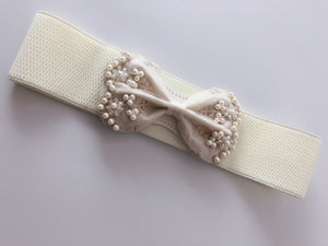 Women Lace Pearl Gorgeous Ribbon Bow Elastic Stretch Dress Waist Band Wrap Belt