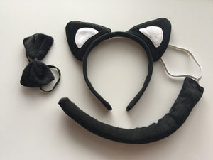 Lady Girl Boy Kids Cat Kitty Costume Ear Tail bowtie Party Hair head band 3 set black with white set
