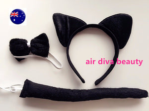 Lady Girl Boy Kids Cat Kitty Costume Ear Tail bowtie Party Hair head band 3 set
