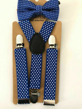 Children Party Costume Wedding Pants Dots Kids Suspender Brace Belt Clip Bowtie Royal Blue with white Dots