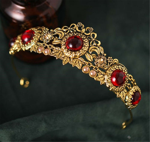 Women Retro Bronze Color Gem Vintage Look Emerald Red Royal Head Crown Tiara