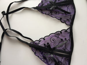 Women Lady Nude / Purple lace sexy wireless Bra open crotch panties Lingerie Set