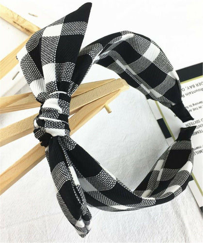 Women Girl Retro Check Wire Bunny Bow Wide Hair Headband Head Wrap Band hoop Black