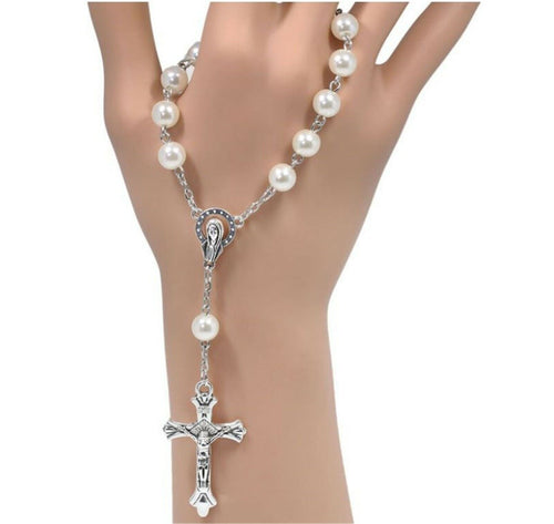 1x Christening Baptism Cross Crucifix Rosary Bracelet Beads Wrist band Favors Imitation Pearl