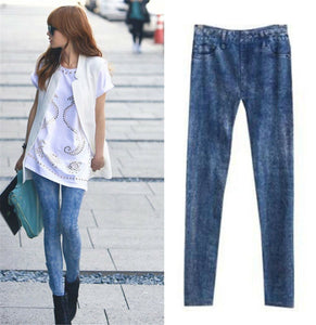 Women Faux Denim Jeans look Pencil Slim Stretch Plain Leggings Jeggings Pants