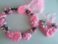 Women Girl Flower Wedding Bride Beach Crown hair headband Garland PROP bracelet pink Flower +bracelet