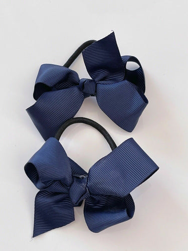 2 Girl Grosgrain School Bow Ribbon Hair Ponytail Tie Elastic band Scrunchies Design A: 2x Navy Blue Hair Bow