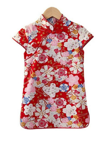 Kids Girl Chinese New Year Asian Sakura Red Qipao Traditional Tunic Cotton Dress