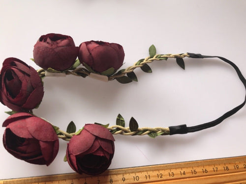 Women Lady Bride Fairy Rose Flower Wedding hair band elastic headband Fascinator Dark Red headband