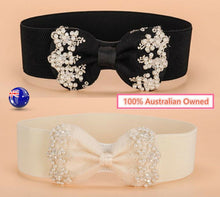 Women Lace Pearl Gorgeous Ribbon Bow Elastic Stretch Dress Waist Band Wrap Belt