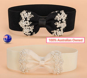 Women Lace Pearl Gorgeous Ribbon Bow Elastic Stretch Dress Waist Band Wrap Belt