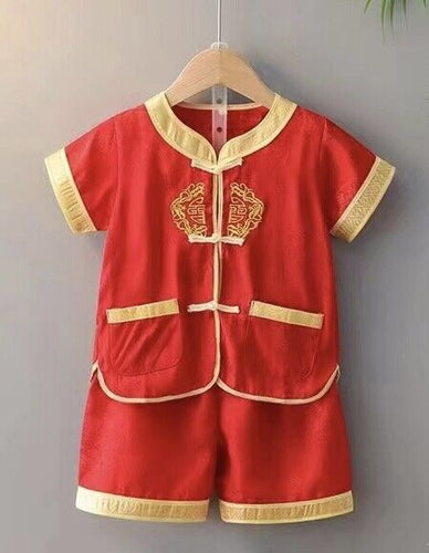 Kids Boy Girl Chinese New Year Traditional Red Tang Costume Short Sleeve Outfits