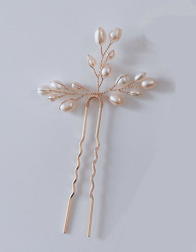 Women Bride Prom Freshwater Real Natural Pearl Updo Hair Styling U Bobby Pin 1 Piece in Gold Color