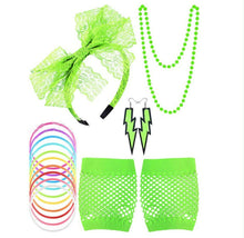 Women Girl 70' 80' Net Fishnet Mesh Wrist Dance Neon Disco Party Gloves Headband NEON GREEN
