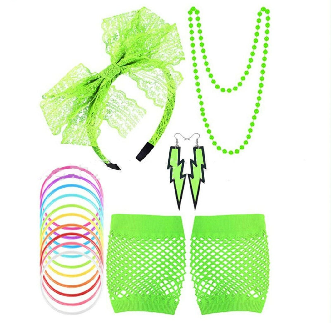 Women Girl 70' 80' Net Fishnet Mesh Wrist Dance Neon Disco Party Gloves Headband NEON GREEN