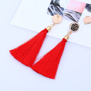 Women Retro Tassel Boho Crystal Rose flower Party Long dangle Ear Drop Earrings