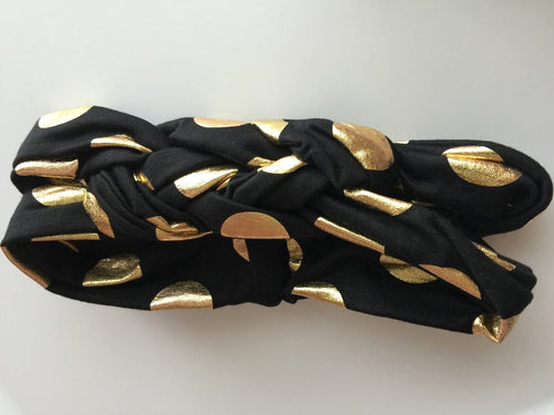 Baby Girl Kid Boho Bohemian Party braided knot Retro dots Hair head band Bandana Rock Black headband with metallic gold dots
