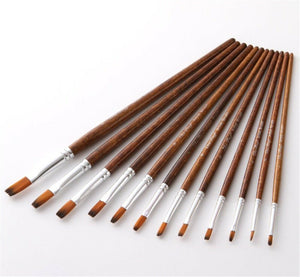 12PC Brown Handle Artist Brush Set - Watercolor, Acrylic, Oil Painting, and Craft