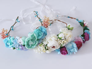 Girls Women Halo Blue Flower Crown hair headband Garland Wreath Tiara