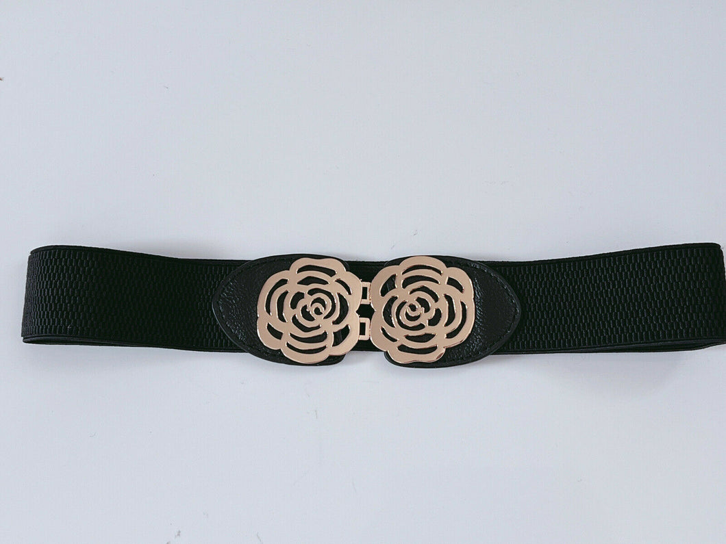 Women Metallic Rose Flower Elastic Stretchy Dress Narrow Slim Waist Belt Band