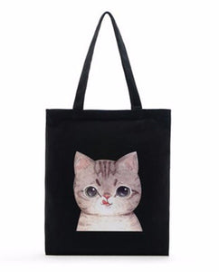 Women Lady Girls Cute Kitty Cat Black Carry Tote Library Shopping Bag