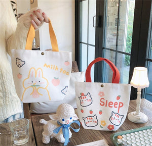 Women Girls Cute Bunny Cat Carry Small Tote Eco Canvas Shopping Bag