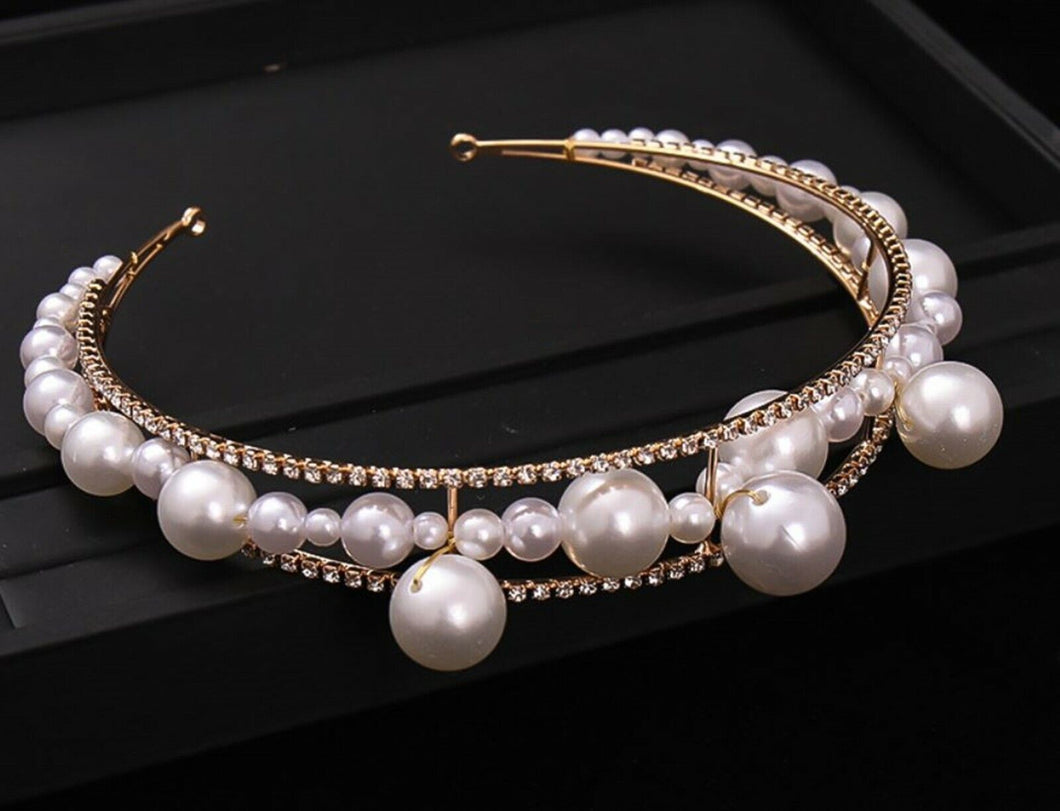 Women White BIG Pearl Beaded Hair Head Band Headband Dress Party Tiara Hoop