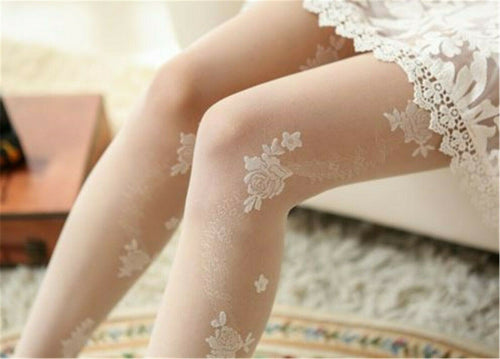 Women Fancy Sheer Cream White Purple Floral Rose Lace Tights Pantyhose Stockings Creamy White