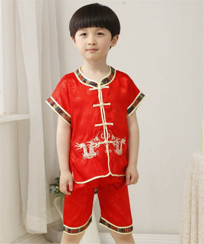 NEW Kids Boy Chinese New Year Traditional Red Tang Costume Short Sleeve Outfits