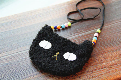 Kids Girls Baby Children Cute mini small Wallet Coin Shoulder Messenger Bag Black Fluffy Kitty Cat Bag