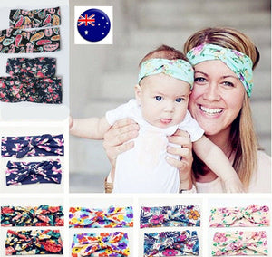 Women Mum + baby girl Boho Bohemian bow cotton flower Hair head band Bandana