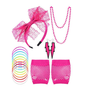 Women Girl 70' 80' Net Fishnet Mesh Wrist Dance Neon Disco Party Gloves Headband