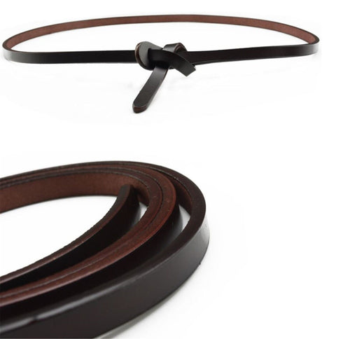 Women Real Cow Leather Skinny Slim Waist Belt Band Tie Dark Coffee
