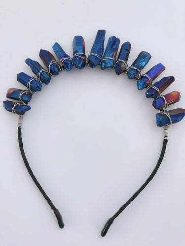 Women Fairy Boho Natural Stone Clear Quartz Crystal or Blue Aura hair Headband Blue