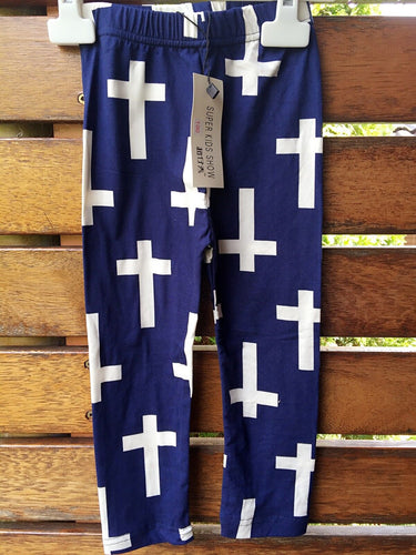 Kids Girls Children Fashion Cotton Funky The Cross Print Navy Pants leggings