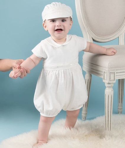 Boy Girl baby Creamy White short sleeve Christening Shower outfits suits hat set