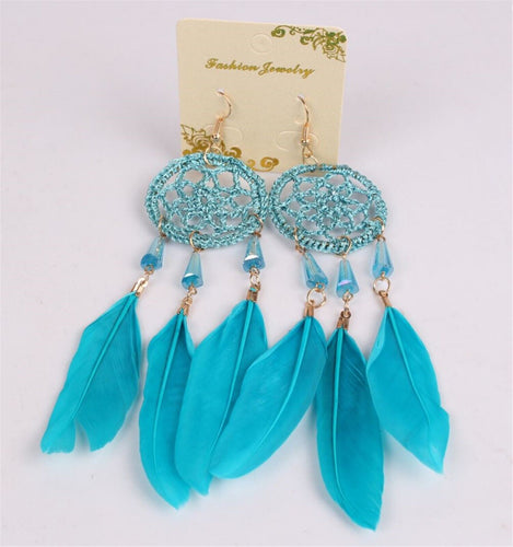 Women Retro Feather Bohemia BOHO Crochet dream catcher Party Long Drop Earrings