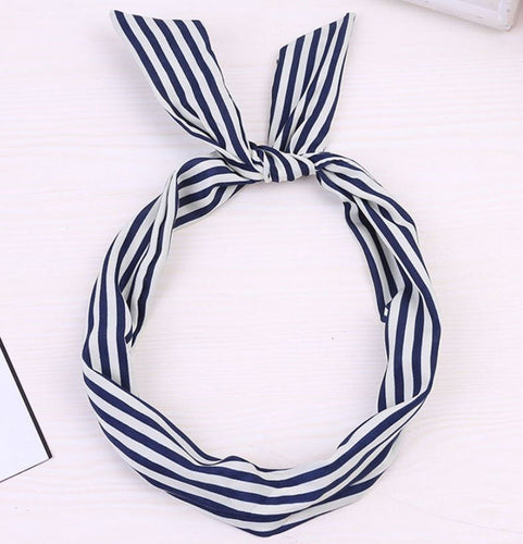 Women Lady Kid Girl striped Wire Bunny Ear adjustable bow scarf Hair head band Blue Striped