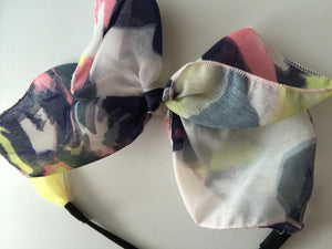 Women Lady Navy Fancy Retro big bow scarf party Hair head band Elastic HEADBAND more in White color