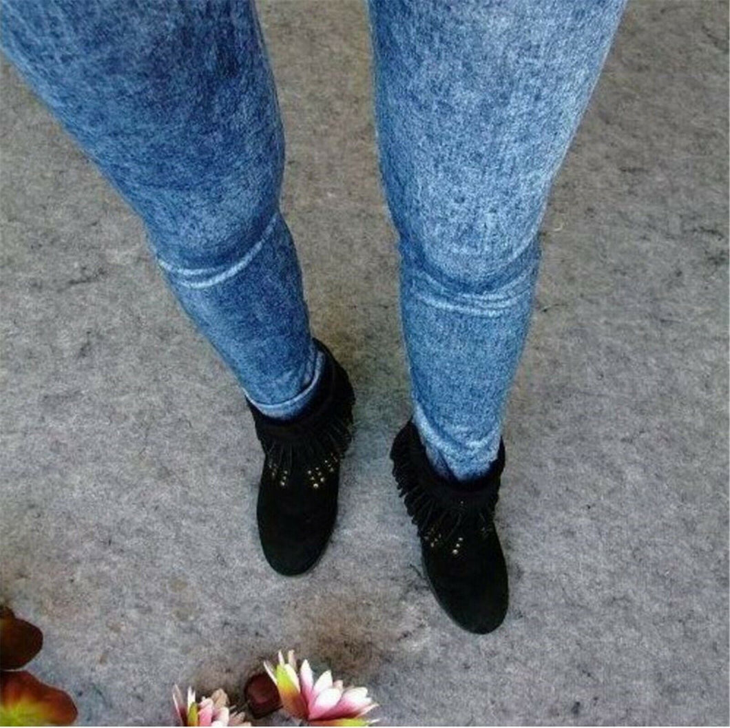 Women Faux Denim Jeans look Pencil Slim Stretch Plain Leggings Jeggings Pants