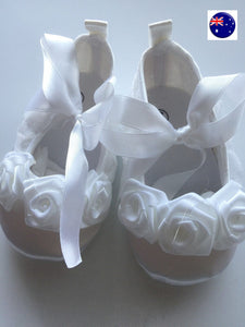 NEW Baby Shower Girls Kids Christening Ballet White Lace Flower Dress Gem Shoes