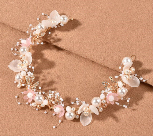 Women Wedding Party Pink Blue Pearl Flower Hairpiece Hair Band Tiara Fascinator With Pink Flowers