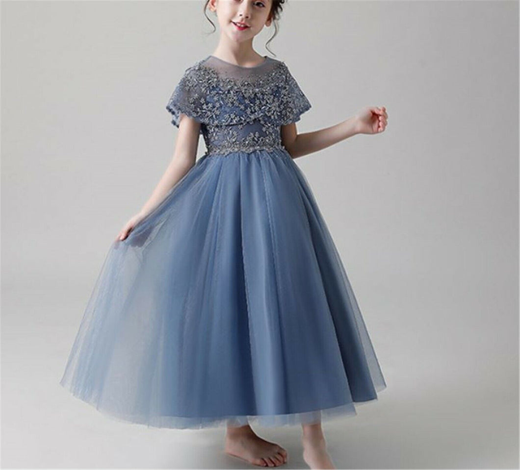 Kid Girl Blue Sequined Performance Graduation Wedding Birthday Party Lace Dress