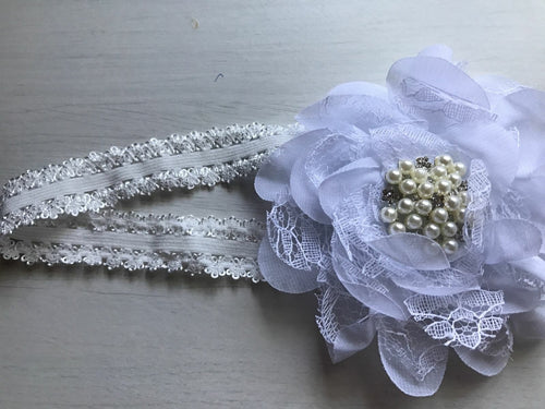 Baby Kid Children Girls Christening Shower Chiffon Lace Hair Head band White Lace Flower Headband