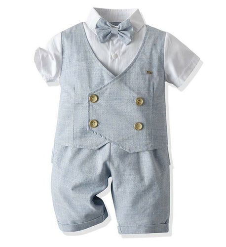 Boys Baby children Short sleeves Wedding Formal Shirt Vest Pants outfits suits Blue