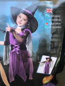 Kid Girl Children Halloween Party Purple Witches Witchery Hat Costume Dress Set