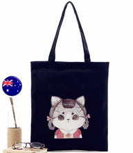 Women Lady Girls Cute Kitty Cat Black Carry Tote Library Shopping Bag